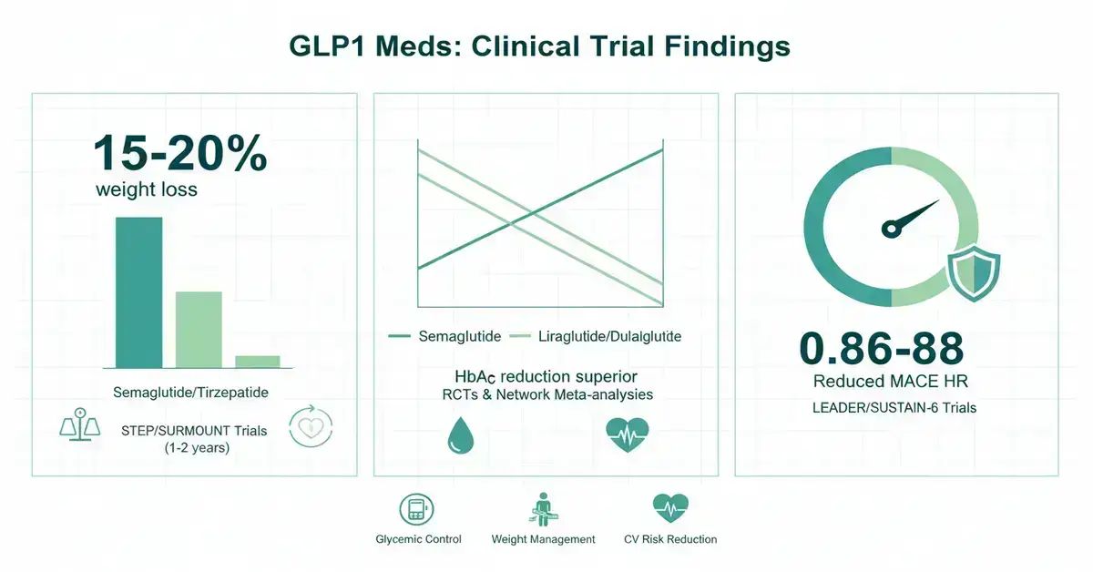 Infographic detailing clinical trial findings on GLP-1 medications, showcasing weight loss percentages, HbA1c reduction, and cardiovascular risk reduction data from STEP, SURMOUNT, LEADER, and SUSTAIN trials.