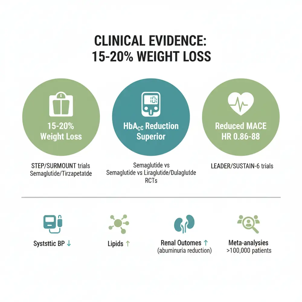 Infographic summarizing clinical evidence for 15-20% weight loss and related health outcomes from Semaglutide and Tirzepatide studies.