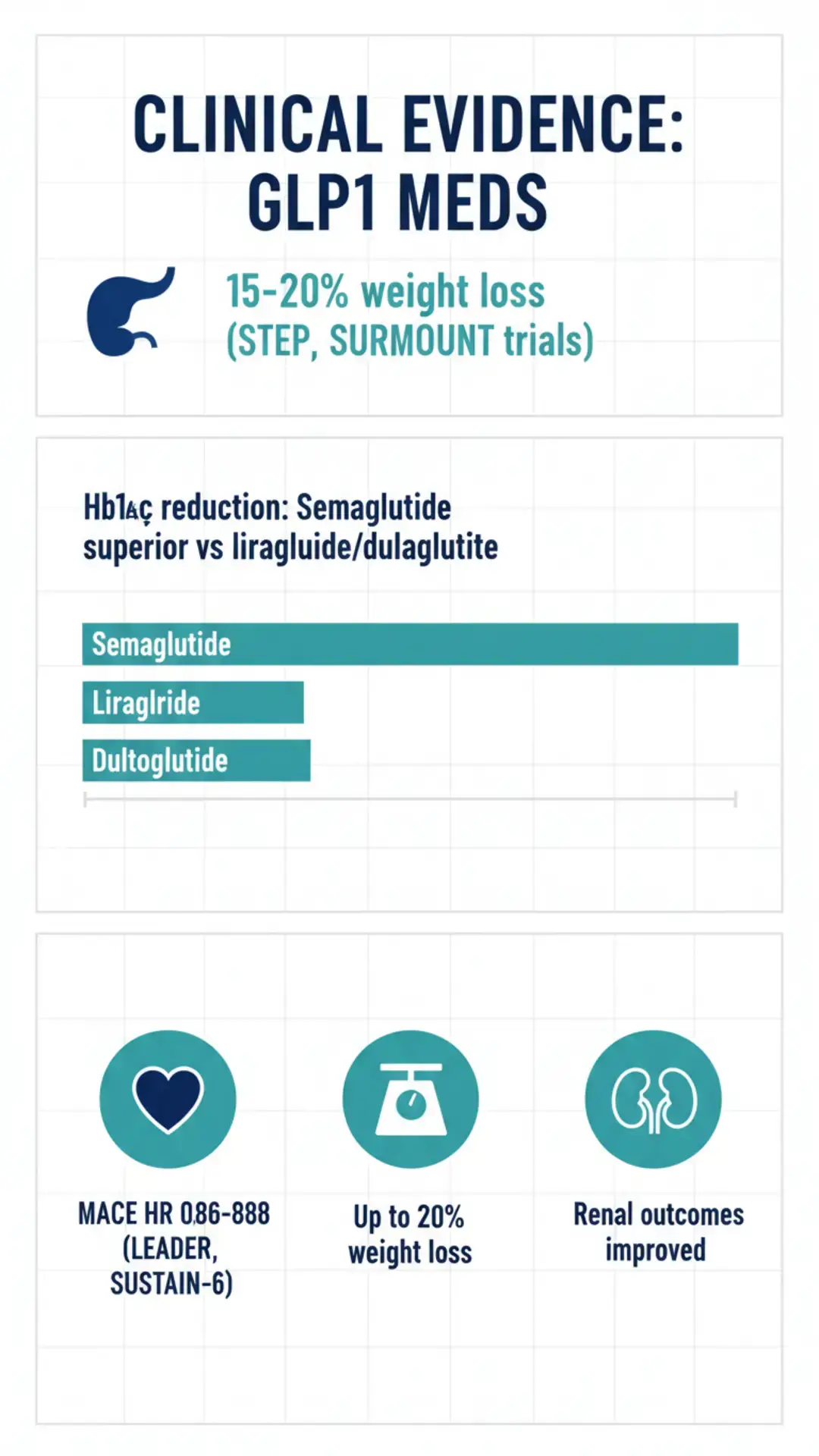 Bar chart comparing HB1c reduction in Semaglutide, Liraglide, and Dultoglutide for GLP1 medications