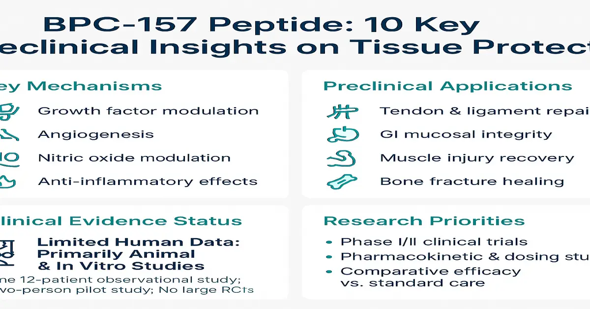 Infographic summarizing BPC-157 peptide: 10 preclinical insights on tissue protection, mechanisms (angiogenesis, growth factors, nitric oxide, anti-inflammatory) and applications (tendon, ligament, GI mucosa, muscle, bone).