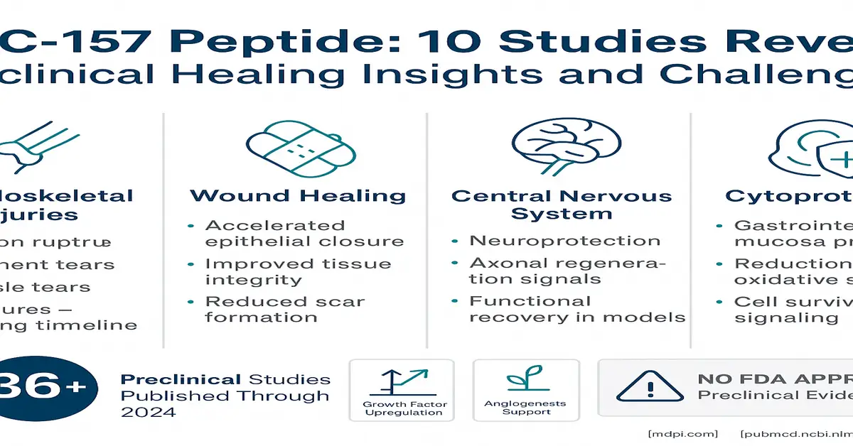Infographic summarizing C-157 peptide preclinical healing insights across musculoskeletal injuries, wound healing, central nervous system and cytoprotection with note ‘36+ preclinical studies published through 2024’ and ‘No FDA approval’