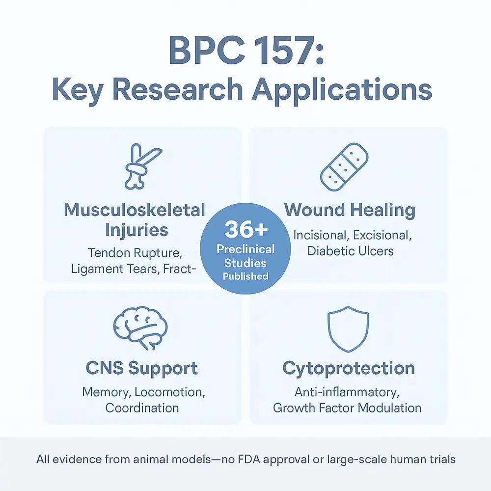 Infographic titled 'BPC 157: Key Research Applications' showing four research areas — Musculoskeletal Injuries (tendon rupture, ligament tears, fractures), Wound Healing (incisional, excisional, diabetic ulcers), CNS Support (memory, locomotion, coordination), and Cytoprotection (anti-inflammatory, growth factor modulation) — with a central badge reading '36+ Preclinical Studies Published' and a footer noting all evidence is from animal models with no FDA approval or large-scale human trials.