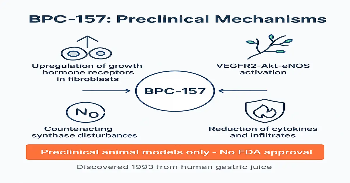 Infographic titled 'BPC-157: Preclinical Mechanisms' with a central BPC-157 circle and four surrounding icons and labels: upregulation of growth hormone receptors in fibroblasts; VEGFR2-Akt-eNOS activation; counteracting synthase disturbances; reduction of cytokines and infiltrates. Orange banner reads 'Preclinical animal models only - No FDA approval'. Footer notes 'Discovered 1993 from human gastric juice.'