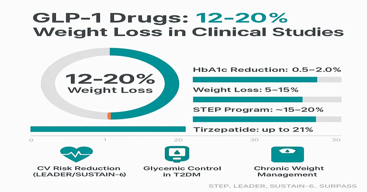 Infographic showing GLP-1 drugs achieve 12–20% weight loss in clinical studies; donut chart with 12–20% weight loss and horizontal bars listing HbA1c reduction 0.5–2.0%, weight loss 5–15%, STEP program ~15–20%, and tirzepatide up to 21%; icons for cardiovascular risk reduction, glycemic control in T2DM, and chronic weight management.