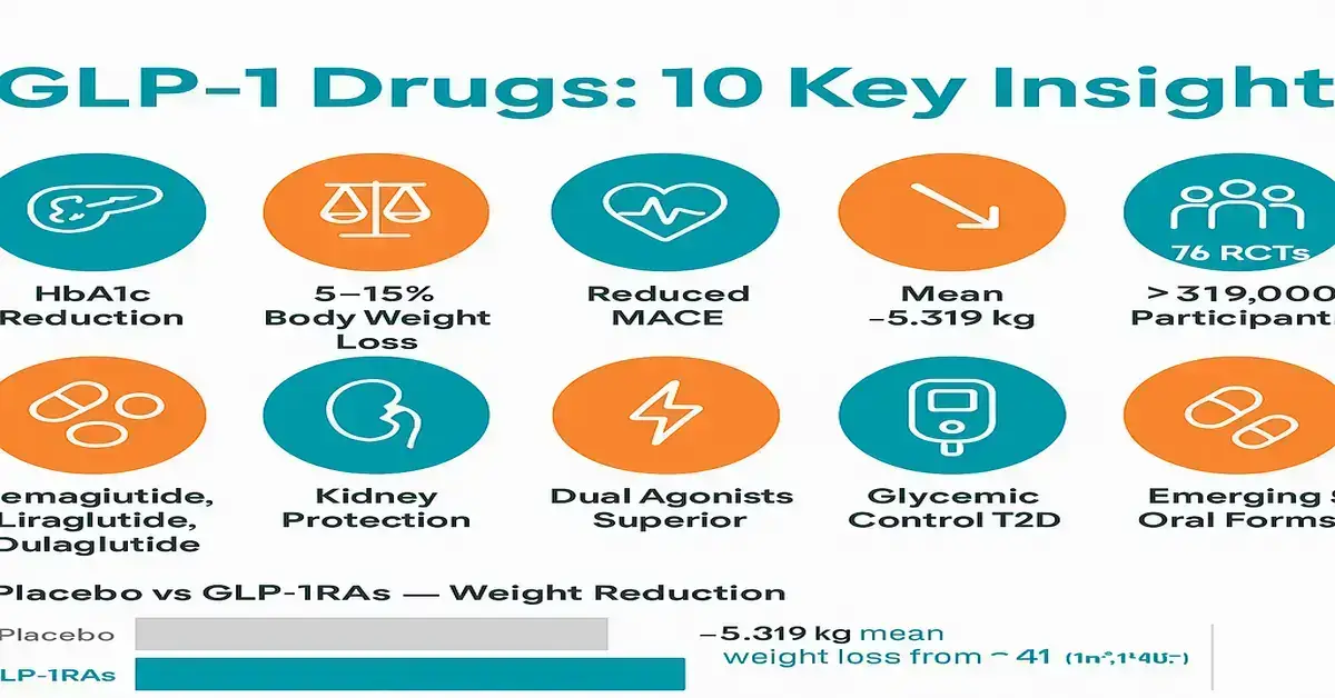 Infographic titled 'GLP-1 Drugs: 10 Key Insights' with icons and short points including HbA1c reduction, 5–15% body weight loss, reduced MACE, mean −5.319 kg weight loss, 76 RCTs with >319,000 participants, semaglutide, liraglutide, dulaglutide, kidney protection, dual agonists superior, glycemic control for T2D, and emerging oral forms.