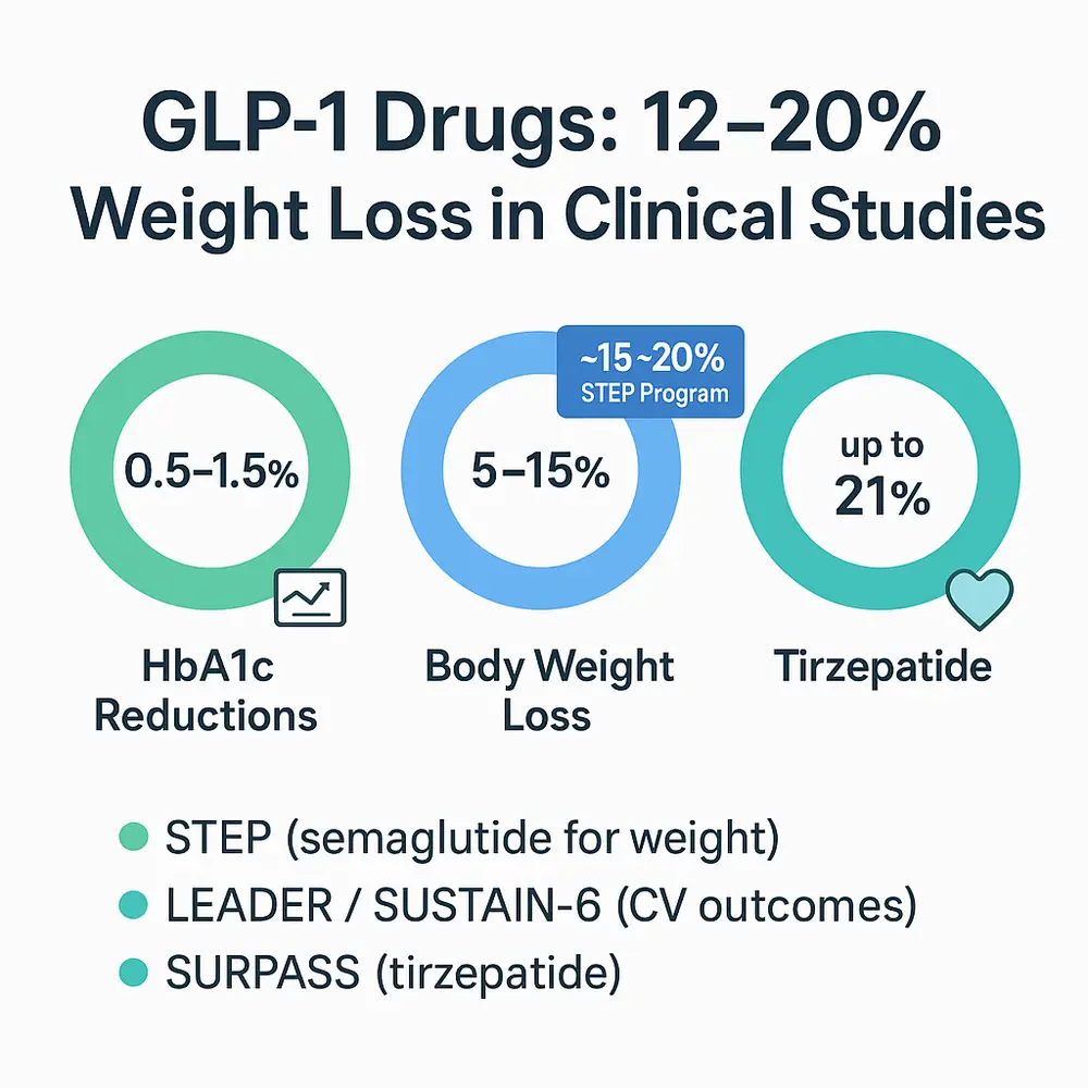 Infographic showing GLP-1 drugs: headline '12–20% Weight Loss in Clinical Studies' with three circular charts labeled HbA1c reductions 0.5–1.5%, Body Weight Loss 5–15% (≈15–20% STEP program), and Tirzepatide up to 21%; bullet list notes STEP (semaglutide for weight), LEADER / SUSTAIN-6 (CV outcomes), SURPASS (tirzepatide).