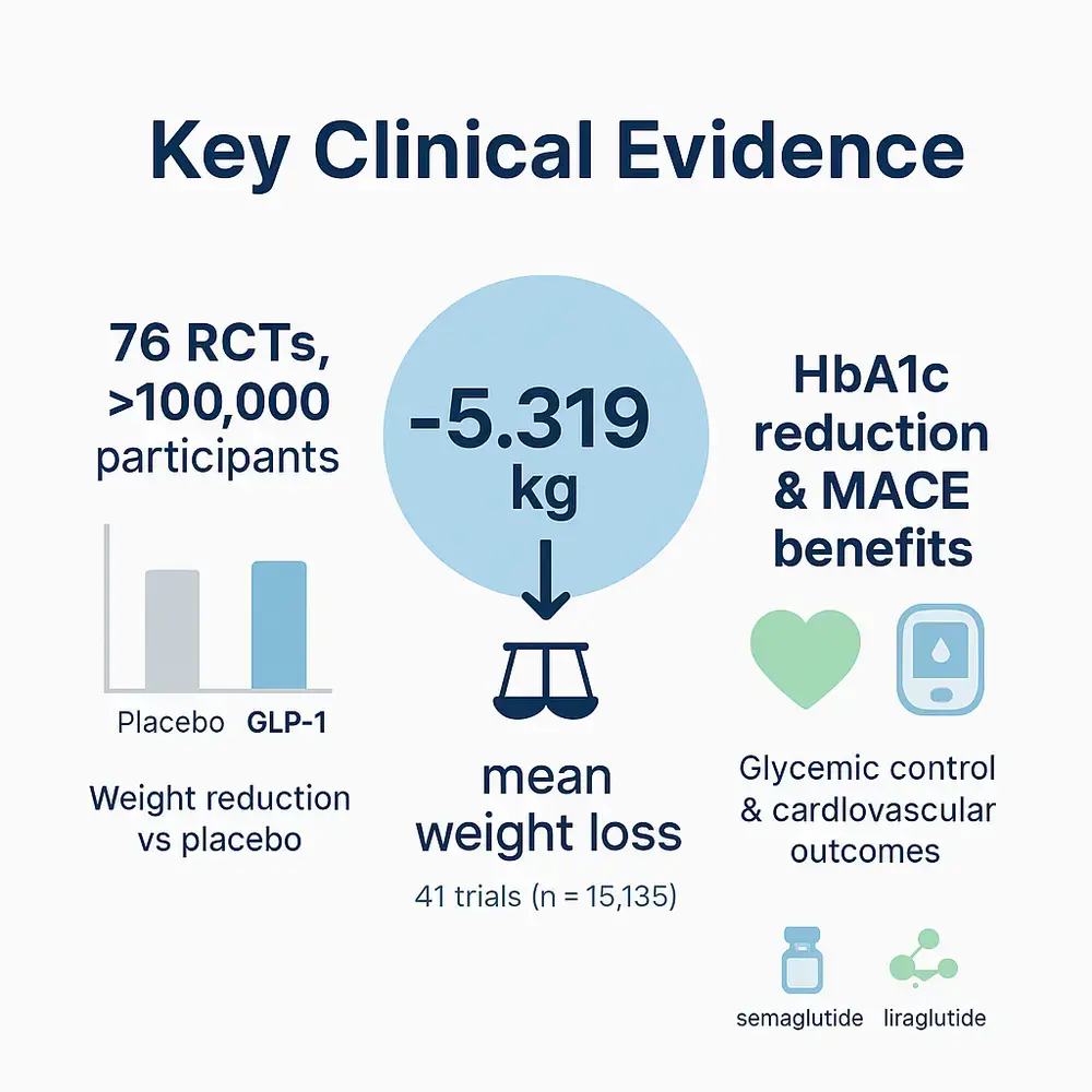 Infographic titled 'Key Clinical Evidence' summarizing GLP-1 trial results: -5.319 kg mean weight loss (41 trials, n=15,135), 76 RCTs with >100,000 participants, and noted HbA1c reduction and MACE (cardiovascular) benefits for semaglutide and liraglutide.