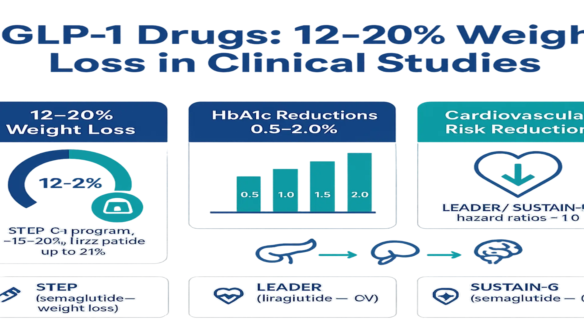 Infographic titled 'GLP-1 Drugs: 12–20% Weight Loss in Clinical Studies' with three panels: left panel shows 12–20% weight loss (circular gauge) and notes STEP semaglutide program and tirzepatide up to ~21%; center panel shows HbA1c reductions 0.5–2.0% with bar chart values 0.5, 1.0, 1.5, 2.0; right panel highlights cardiovascular risk reduction with heart icon and study labels LEADER and SUSTAIN-6. Blue and teal color scheme with icons for pancreas and brain.