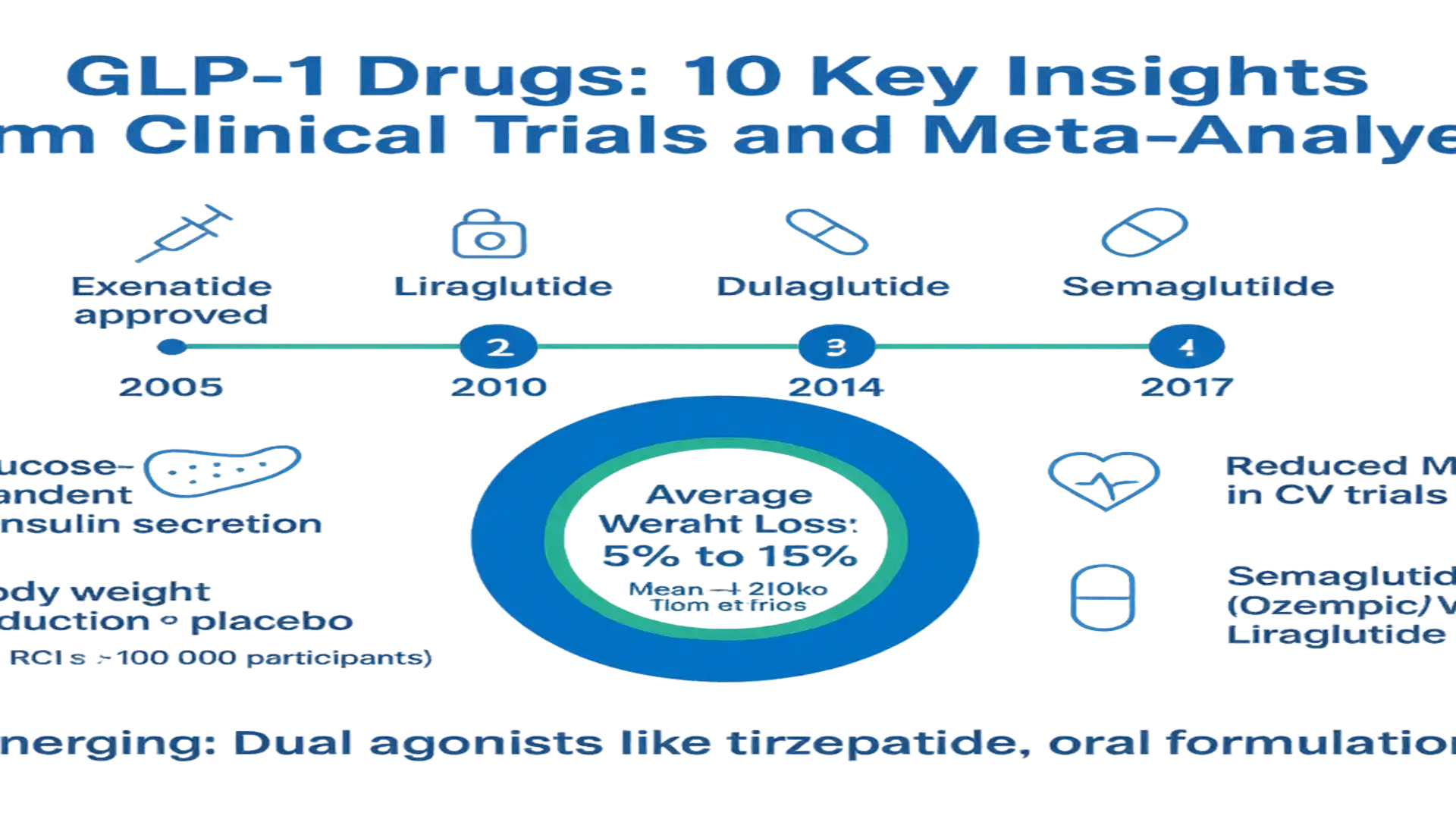 Infographic showing GLP-1 drugs timeline (Exenatide 2005, Liraglutide 2010, Dulaglutide 2014, Semaglutide 2017) with meta-analysis results: average weight loss 5%–15% (mean ~12.0 kg), glucose-dependent insulin secretion, body weight reduction vs placebo, and reduced major cardiovascular events; mentions emerging dual-agonists like tirzepatide and oral formulations.