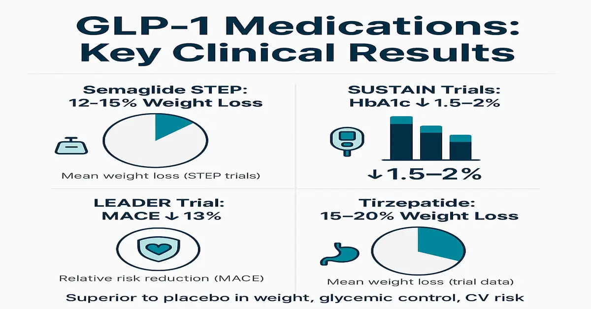 Infographic titled 'GLP-1 Medications: Key Clinical Results' with four panels summarizing trials: Semaglide (STEP) 12–15% weight loss, SUSTAIN HbA1c ↓1.5–2%, LEADER MACE ↓13%, Tirzepatide 15–20% weight loss.