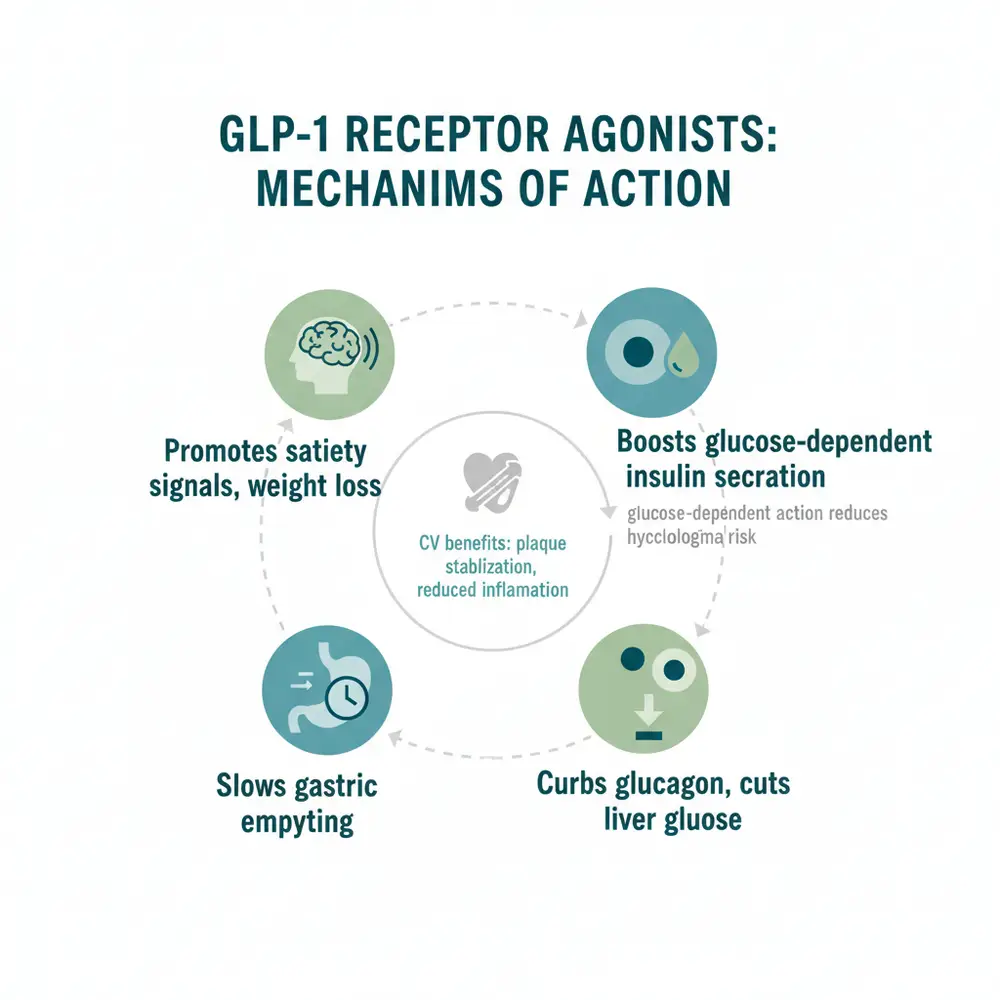 Infographic explaining GLP-1 receptor agonists mechanisms of action including promoting satiety signals, boosting insulin secretion, slowing gastric emptying, and curbing glucagon.
