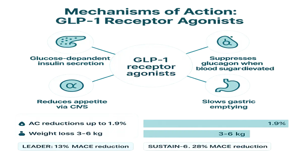 Teal infographic titled 'Mechanisms of Action: GLP-1 Receptor Agonists' showing four mechanisms—glucose-dependent insulin secretion, suppression of glucagon when blood sugar is elevated, reduced appetite via the CNS, and slowed gastric emptying—and listing benefits: A1C reductions up to 1.9%, weight loss 3–6 kg, LEADER: 13% MACE reduction, SUSTAIN-6: 28% MACE reduction.