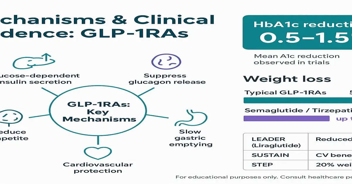 Infographic summarizing the mechanisms and clinical evidence of GLP-1 receptor agonists (GLP-1RAs) including insulin secretion, glucagon suppression, appetite reduction, slow gastric emptying, and cardiovascular protection, with weight loss data.