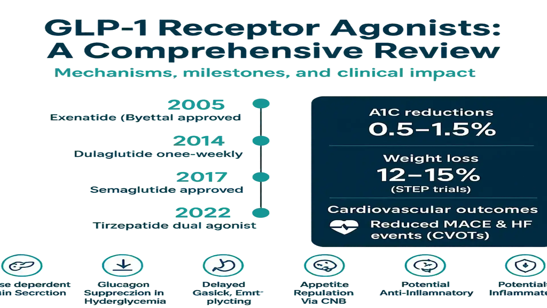 Infographic timeline of GLP-1 receptor agonists showing milestones — Exenatide (Byetta) 2005, Dulaglutide once-weekly 2014, Semaglutide approved 2017, Tirzepatide dual agonist 2022 — with a summary box listing A1C reductions 0.5–1.5%, weight loss 12–15% (STEP trials), and reduced MACE & HF events (CVOTs); bottom icons note mechanisms like insulin secretion, glucagon suppression, delayed gastric emptying, CNS appetite regulation, and potential anti-inflammatory effects.