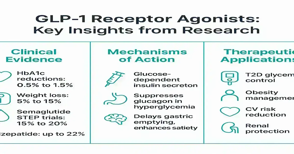Infographic titled 'GLP-1 Receptor Agonists: Key Insights from Research' with three columns: Clinical Evidence (HbA1c reductions 0.5%–1.5%, weight loss 5%–15%, semaglutide STEP trials 15%–20%, tirzepatide up to 22%), Mechanisms of Action (glucose‑dependent insulin secretion, suppression of glucagon in hyperglycemia, delayed gastric emptying and enhanced satiety) and Therapeutic Applications (type 2 diabetes glycemic control, obesity management, cardiovascular risk reduction, renal protection).