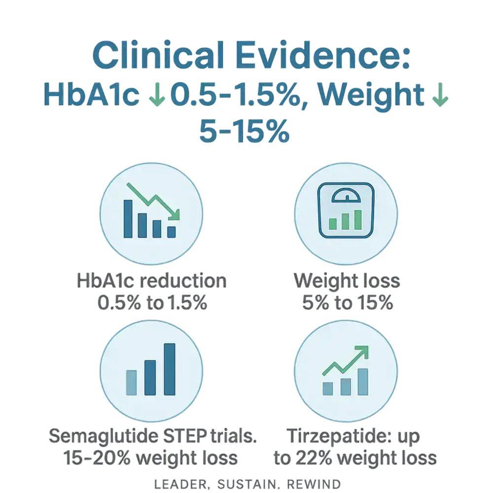 Infographic: clinical evidence showing HbA1c reduction 0.5–1.5% and weight loss 5–15%; semaglutide STEP trials 15–20% weight loss; tirzepatide up to 22% weight loss.
