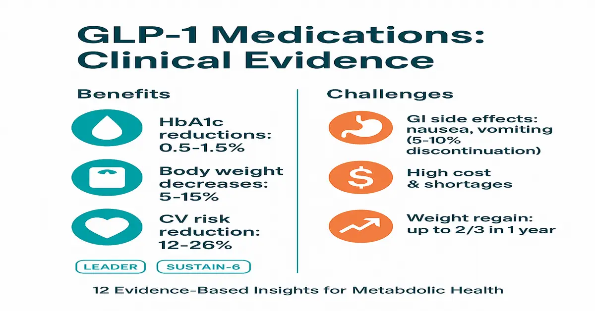 Infographic titled 'GLP-1 Medications: Clinical Evidence' showing benefits (HbA1c reductions 0.5–1.5%, body weight decreases 5–15%, CV risk reduction 12–26%) and challenges (GI side effects, high cost & shortages, weight regain).