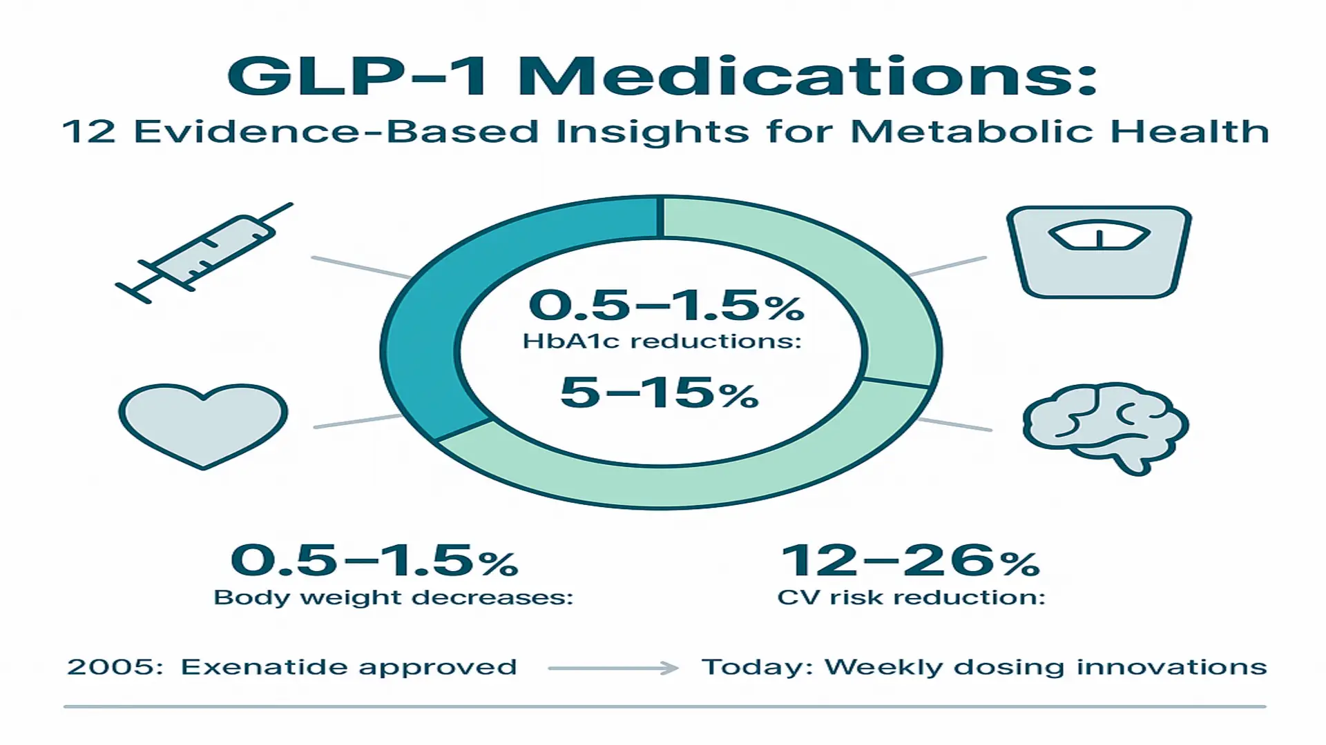 Infographic titled 'GLP-1 Medications: 12 Evidence-Based Insights for Metabolic Health' with a donut chart and icons showing HbA1c reductions 0.5-1.5%, body weight decreases 5-15%, cardiovascular risk reduction 12-26%, and a timeline note '2005: Exenatide approved → Today: Weekly dosing innovations.'
