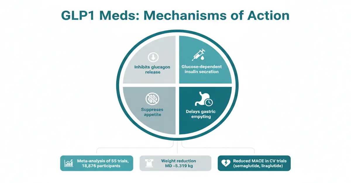 Diagram illustrating the mechanisms of action of GLP-1 medications: inhibits glucagon release, glucose-dependent insulin secretion, suppresses appetite, and delays gastric emptying.