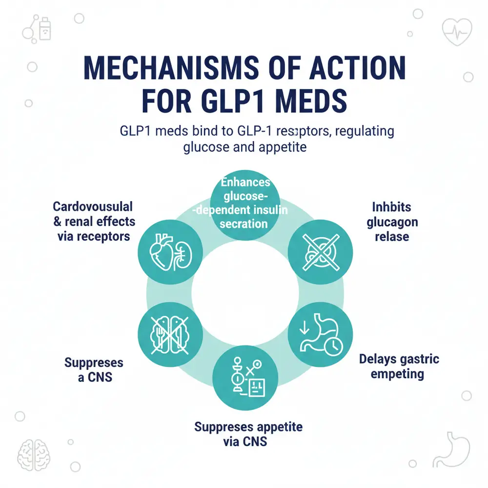 Infographic detailing mechanisms of action for GLP-1 medications including enhances insulin secretion, inhibits glucagon release, suppresses appetite, and delays gastric emptying.
