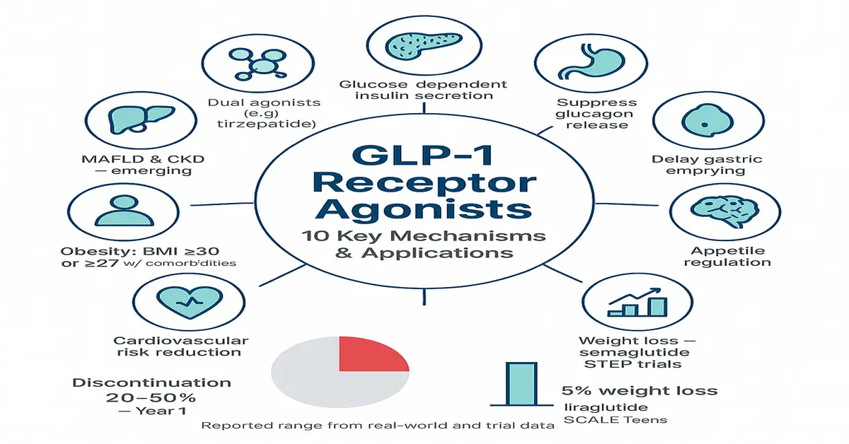 Infographic titled 'GLP-1 Receptor Agonists: 10 Key Mechanisms & Applications' showing icons and text for insulin secretion, glucagon suppression, delayed gastric emptying, appetite regulation, weight loss (semaglutide STEP trials), liraglutide 5% weight-loss data, cardiovascular risk reduction, obesity criteria (BMI ≥30 or ≥27 with comorbidities), MAFLD and CKD emerging benefits, dual agonists (e.g., tirzepatide), and a 20–50% year‑1 discontinuation stat with pie and bar charts.