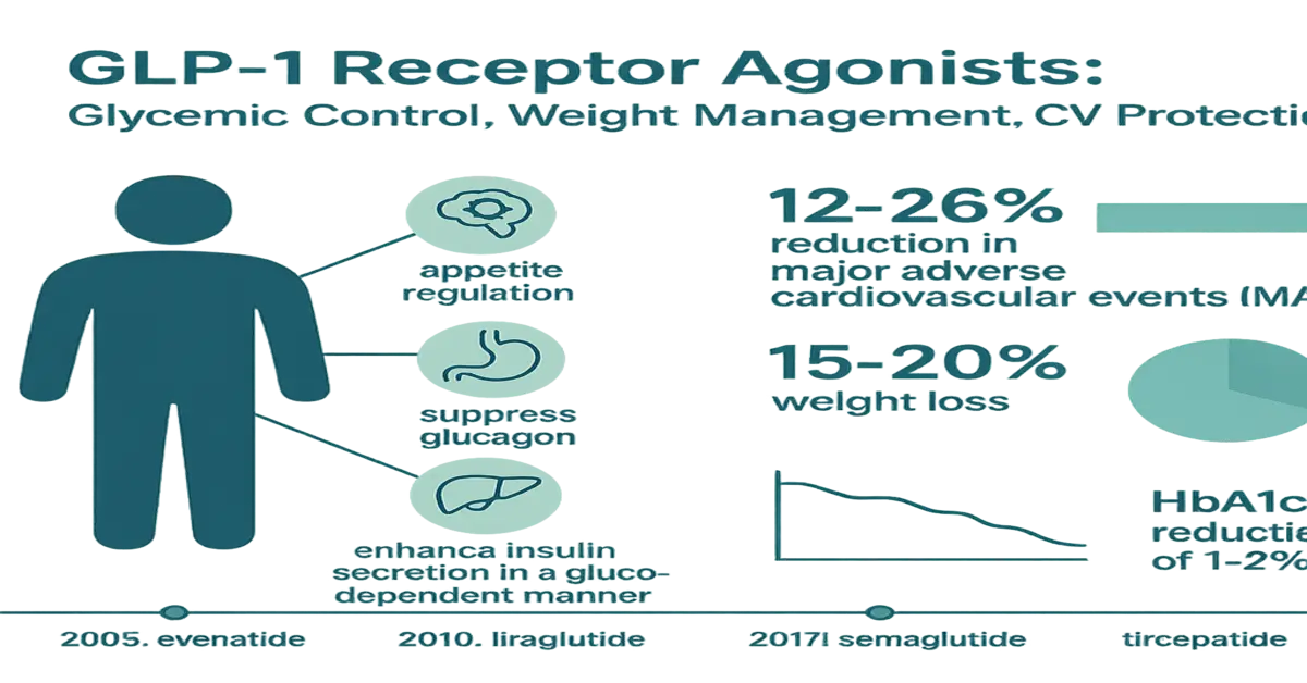Infographic illustrating GLP-1 receptor agonists for glycemic control, weight management, and cardiovascular protection, featuring key benefits such as appetite regulation, glucagon suppression, and significant reductions in cardiovascular events.