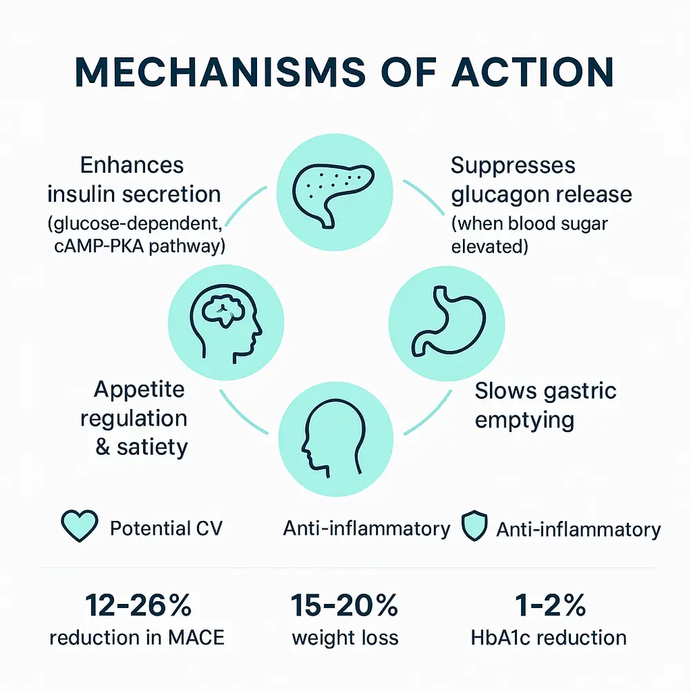 Infographic illustrating mechanisms of action for diabetes treatment, including insulin secretion enhancement, glucagon suppression, appetite regulation, gastric emptying slowdown, and weight loss statistics.