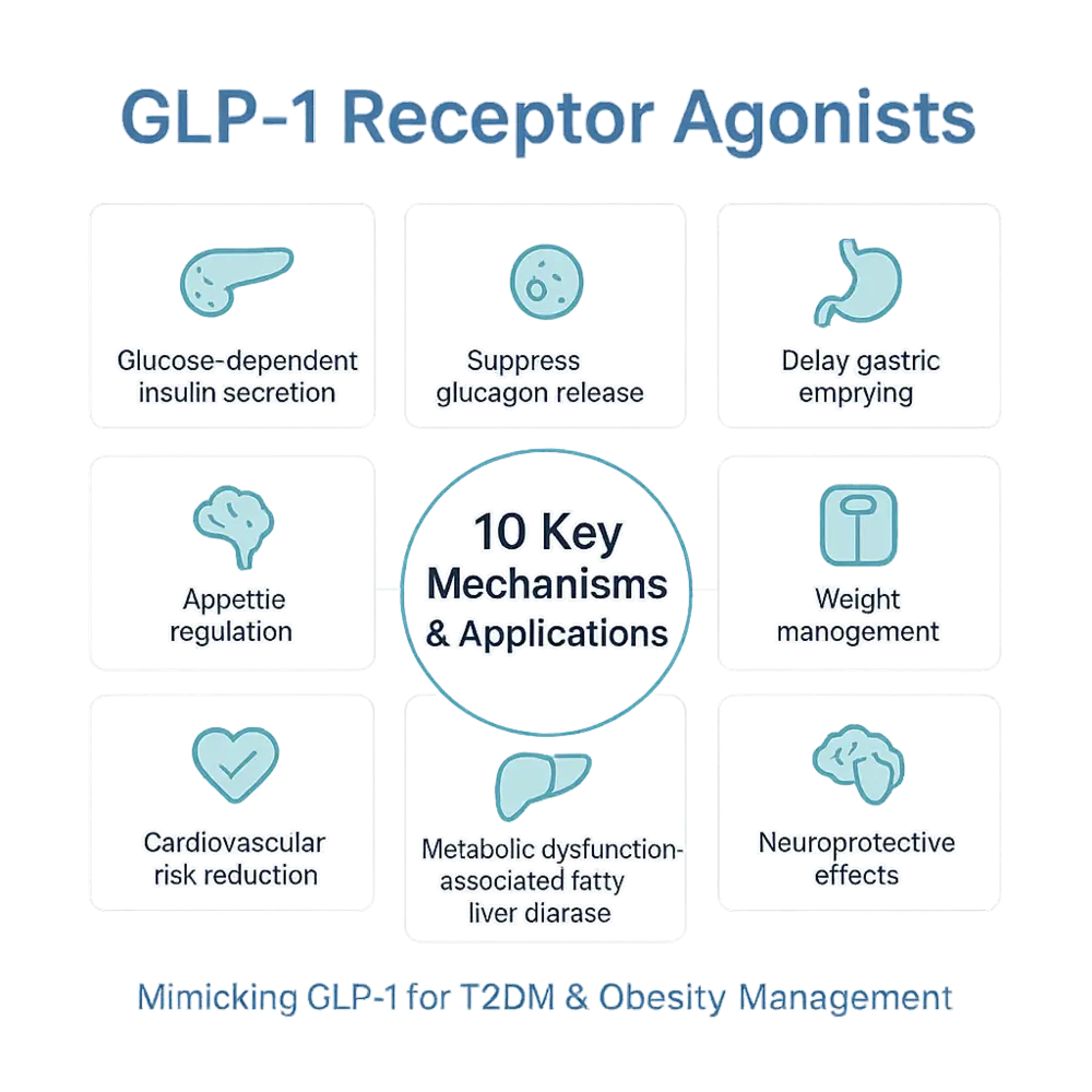 Infographic of GLP-1 receptor agonists showing 10 key mechanisms and applications for type 2 diabetes and obesity management, including insulin secretion, glucagon suppression, delayed gastric emptying, appetite regulation, weight management, cardiovascular risk reduction, fatty liver improvement, and neuroprotective effects.