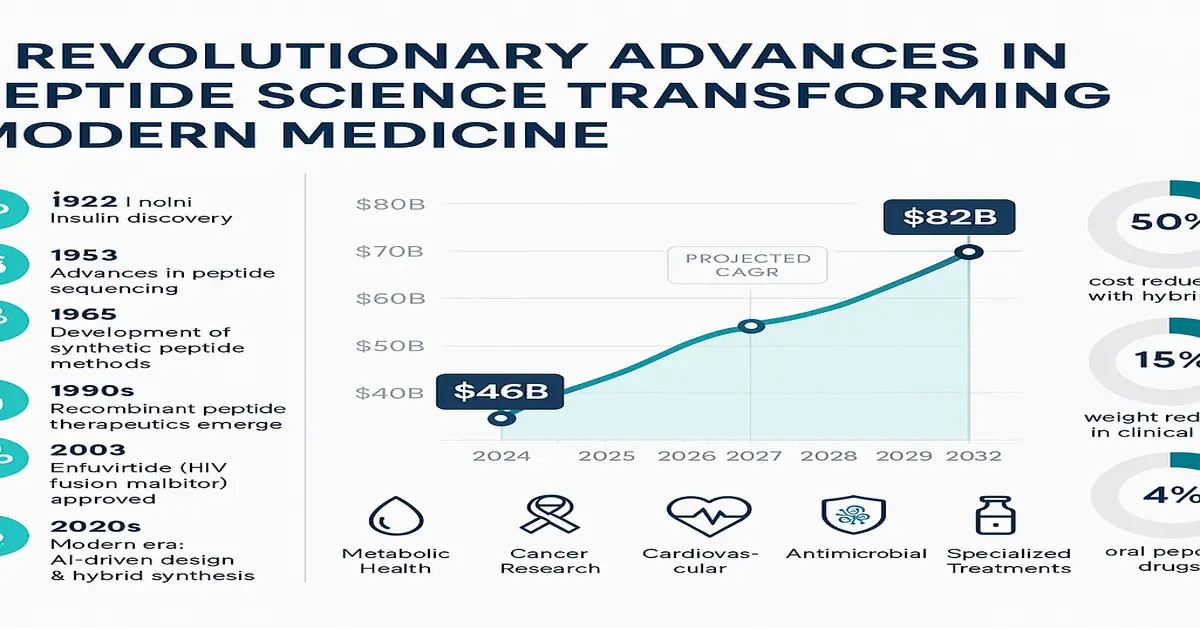Infographic showing advances in peptide science with a timeline from 1922 to the 2020s and a market growth chart from $46B (2024) to $82B (2032).
