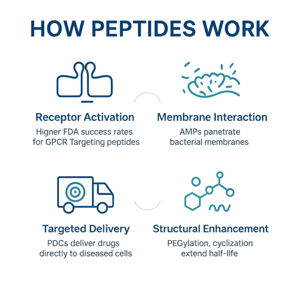 Infographic titled How Peptides Work showing four panels: Receptor Activation (GPCR targeting), Membrane Interaction (AMPs penetrate bacterial membranes), Targeted Delivery (PDCs deliver drugs to diseased cells) and Structural Enhancement (PEGylation and cyclization extend peptide half-life).