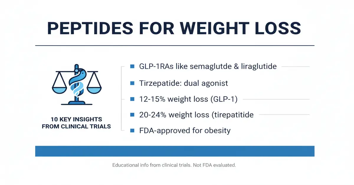 Infographic titled 'PEPTIDES FOR WEIGHT LOSS' listing GLP-1RAs like semaglutide & liraglutide, tirzepatide (dual agonist), clinical trial weight-loss ranges (12-15% GLP-1, 20-24% tirzepatide) and 'FDA-approved for obesity'.