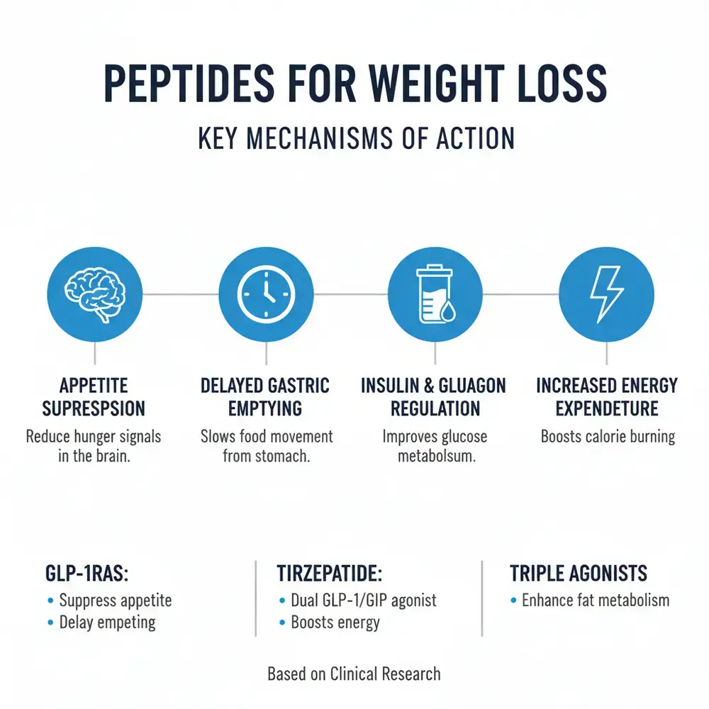 Infographic 'Peptides for Weight Loss — Key Mechanisms of Action' showing appetite suppression, delayed gastric emptying, insulin & glucagon regulation, and increased energy expenditure with notes on GLP-1 RAs, tirzepatide, and triple agonists.
