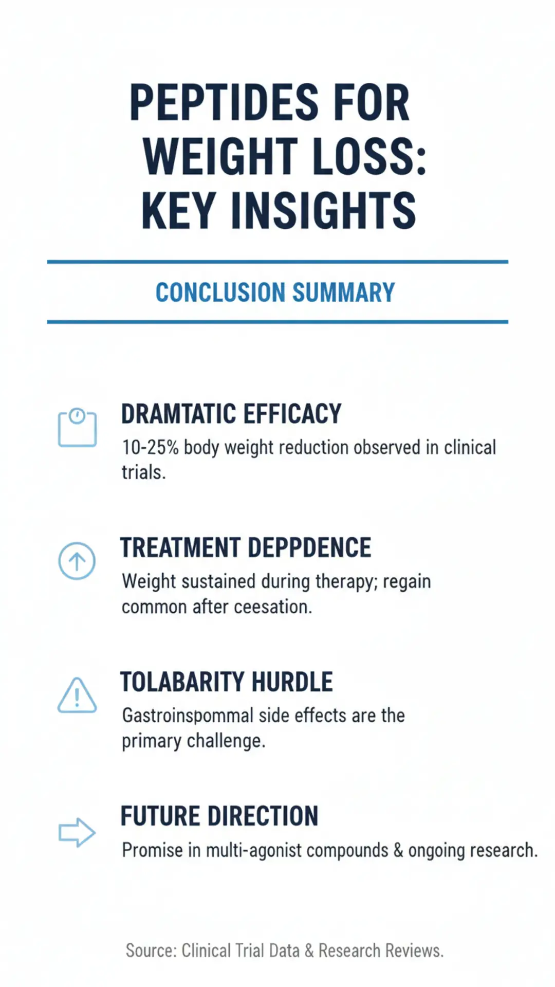 Infographic titled 'Peptides for Weight Loss: Key Insights' summarizing clinical trial findings — 10–25% weight reduction, treatment dependence, tolerability issues, and multi-agonist research.
