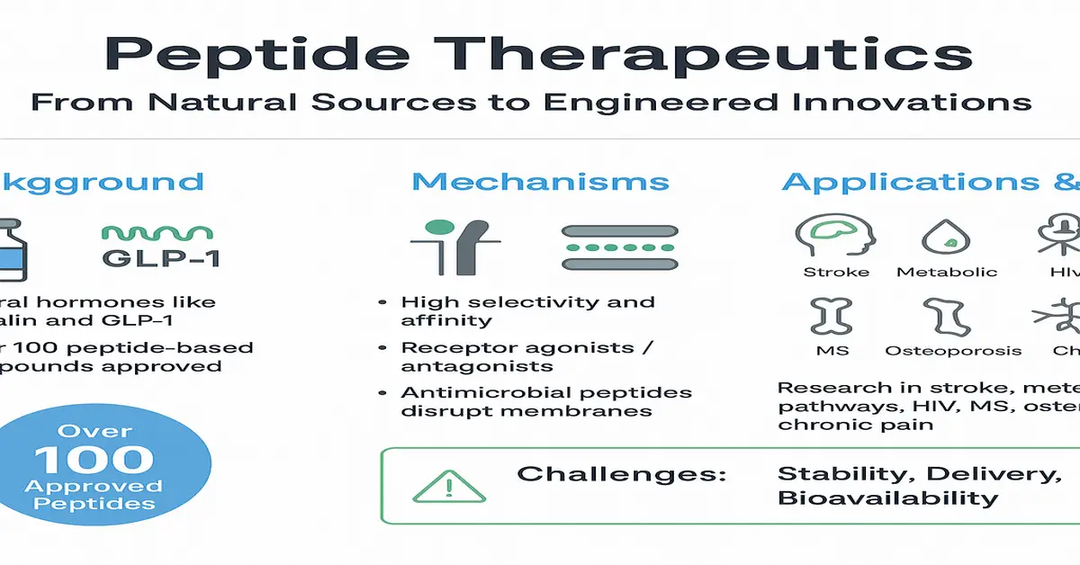 Infographic titled 'Peptide Therapeutics: From Natural Sources to Engineered Innovations' summarizing background (insulin, GLP-1, over 100 approved peptides), mechanisms (high selectivity/affinity, receptor agonists/antagonists, antimicrobial peptides), applications (stroke, metabolic disease, HIV, MS, osteoporosis, chronic pain) and challenges (stability, delivery, bioavailability).