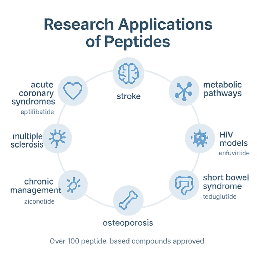 Infographic titled 'Research Applications of Peptides' with a blue circular diagram linking icons for stroke, metabolic pathways, HIV models (enfuvirtide), short bowel syndrome (teduglutide), osteoporosis, chronic management (ziconotide), multiple sclerosis, and acute coronary syndromes (eptifibatide); footer reads 'Over 100 peptide-based compounds approved'.