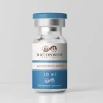 Nationwide Peptides 10 ml bacteriostatic water vial - clear glass reference material with blue cap on white background