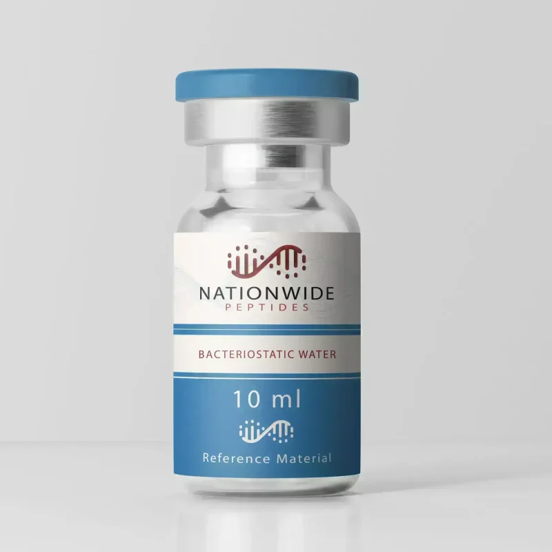 Nationwide Peptides 10 ml bacteriostatic water vial - clear glass reference material with blue cap on white background