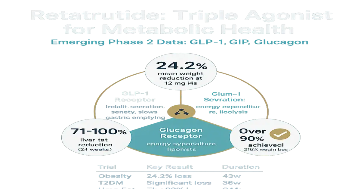 Infographic titled 'Retatrutide: Triple Agonist for Metabolic Health' showing emerging Phase 2 data. A triangular diagram links GLP‑1, GIP and glucagon receptor effects with three callouts reporting 24.2% mean weight reduction at 12 mg, 71–100% liver fat reduction (24 weeks), and over 90% of participants achieving study targets; a small table lists trial results for obesity, T2DM and NASH.