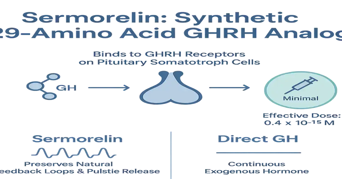 Infographic: Sermorelin — synthetic 29‑amino‑acid GHRH analog binding to GHRH receptors on pituitary somatotroph cells to stimulate GH release; shows a 'Minimal' injection with effective dose 0.4 × 10^-15 M and contrasts sermorelin's preservation of natural pulsatile feedback with continuous direct GH therapy.