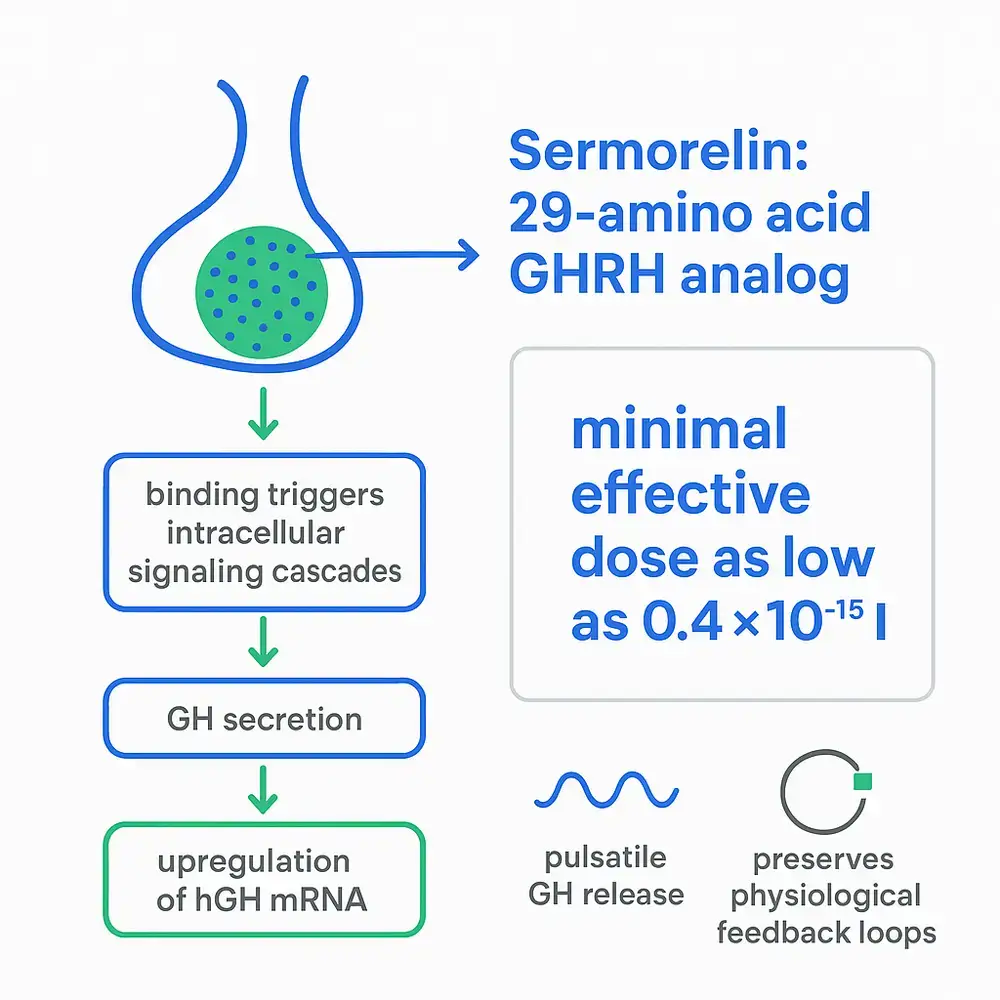 Illustrated diagram explaining Sermorelin, a 29-amino-acid GHRH analog, showing pituitary binding that triggers intracellular signaling cascades, GH secretion, upregulation of hGH mRNA, and a note: minimal effective dose as low as 0.4 × 10^-15 I; icons for pulsatile GH release and preserved physiological feedback loops.