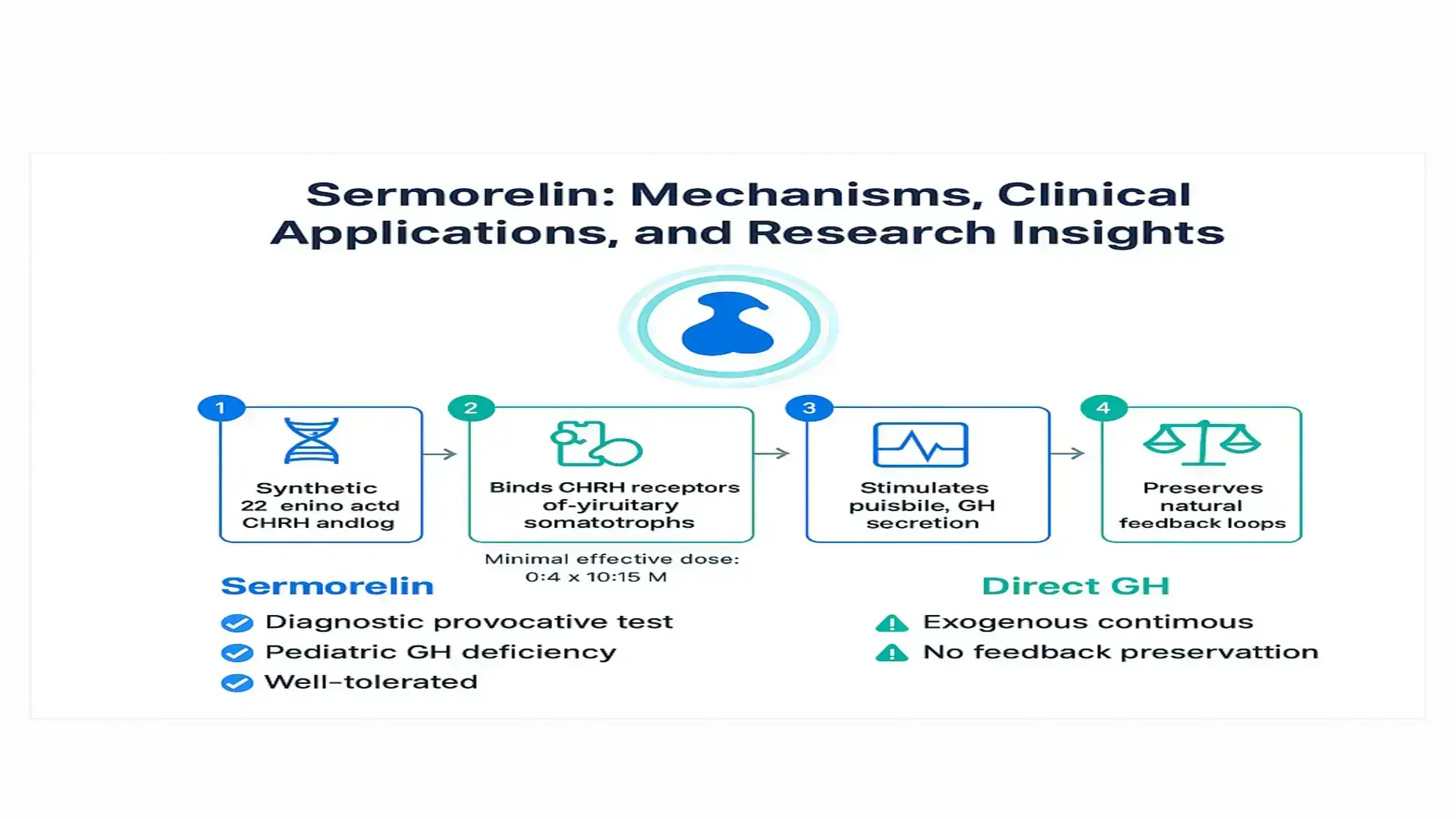 Infographic titled 'Sermorelin: Mechanisms, Clinical Applications, and Research Insights' showing a four-step flowchart: synthetic GHRH analogue → binds GHRH receptors on pituitary somatotrophs → stimulates pulsatile growth hormone (GH) secretion → preserves natural feedback loops; includes clinical notes: diagnostic provocative test, pediatric GH deficiency, well-tolerated, and a contrast to direct GH therapy (exogenous continuous, no feedback preservation).