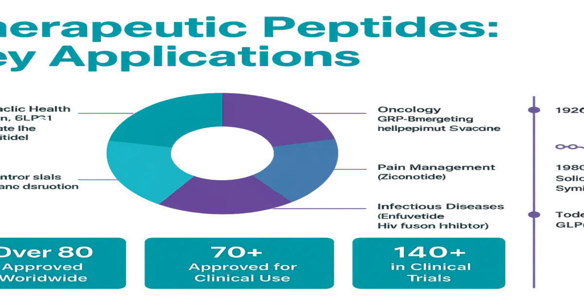 Infographic donut chart titled 'Therapeutic Peptides' showing application categories (including Oncology, Pain Management - Ziconotide, Infectious Diseases - Enfuvirtide HIV‑fusion inhibitor) and development statistics: Over 80 approved worldwide, 70+ approved for clinical use, 140+ in clinical trials.