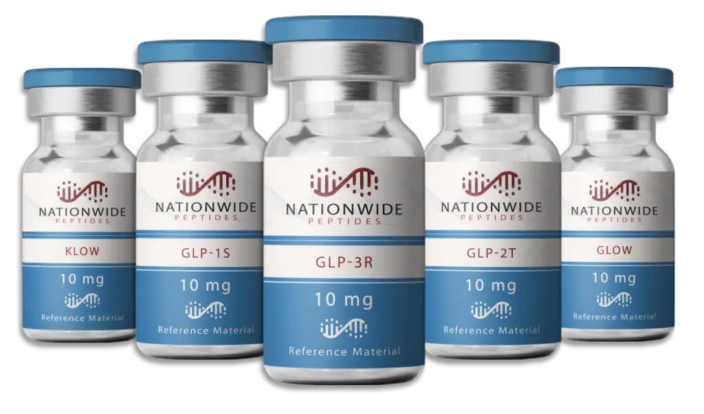 Nationwide Peptides GLP-1, GLP-2T, GLP-3R, and KLOW peptide vials for research
