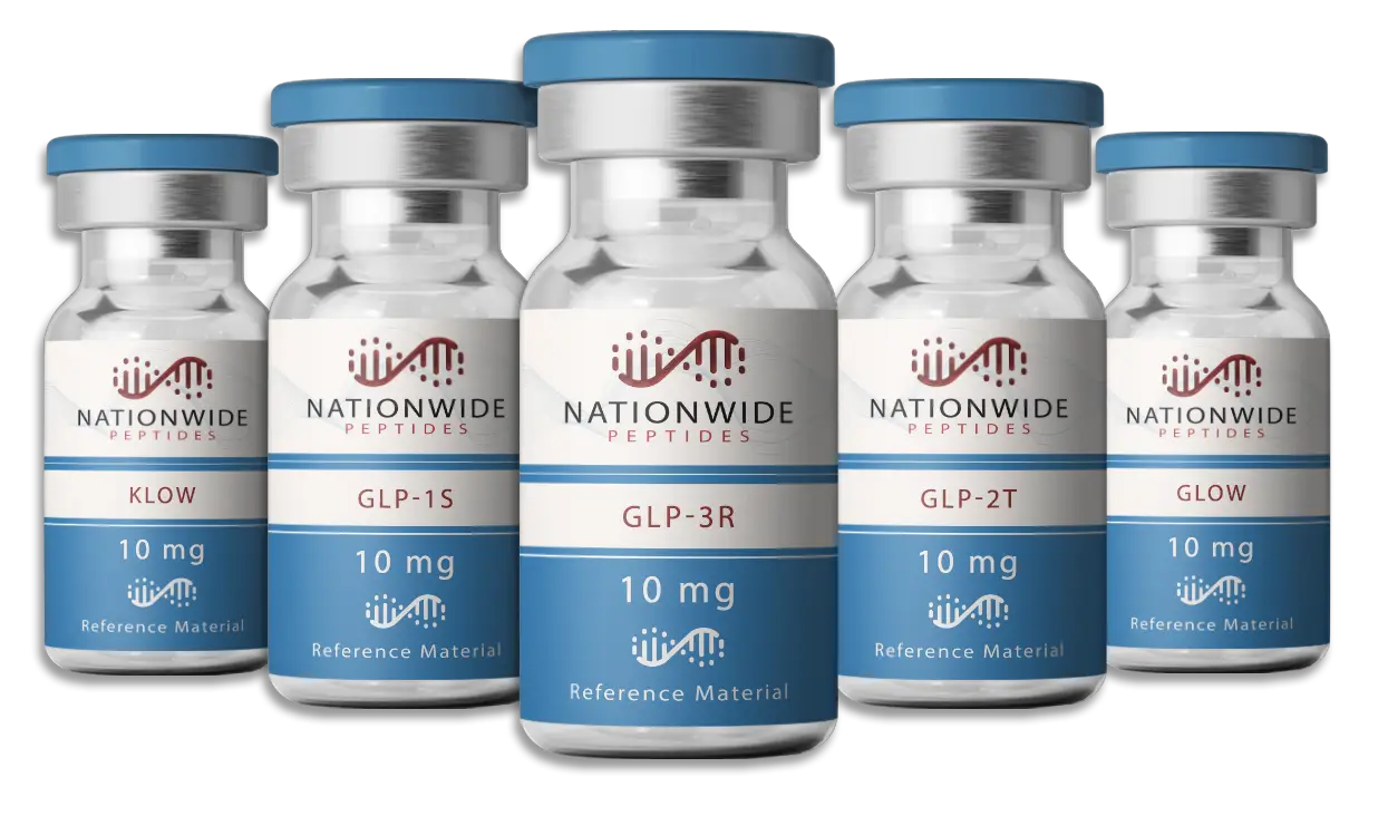 Nationwide Peptides GLP-1, GLP-2T, GLP-3R, and KLOW peptide vials for research