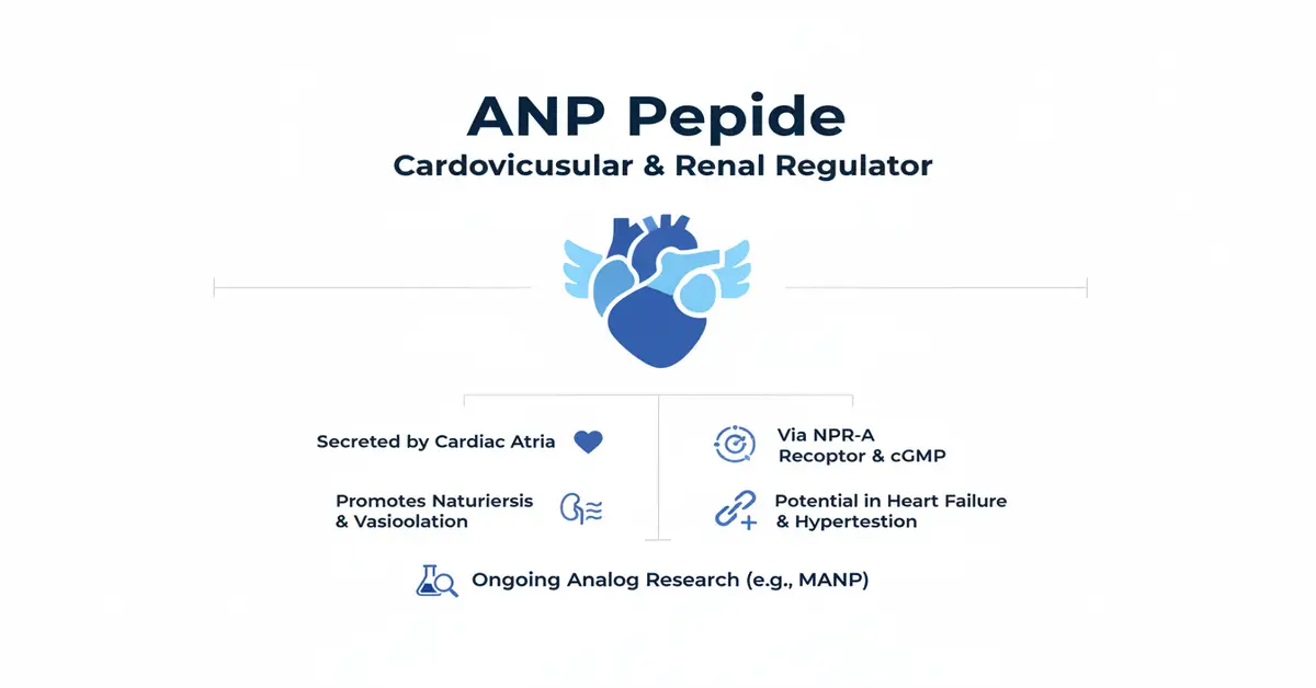 Infographic showing ANP peptide (atrial natriuretic peptide) as a cardiovascular and renal regulator — secreted by cardiac atria; promotes natriuresis and vasodilation; signals via NPR-A/cGMP; research into MANP for heart failure and hypertension.
