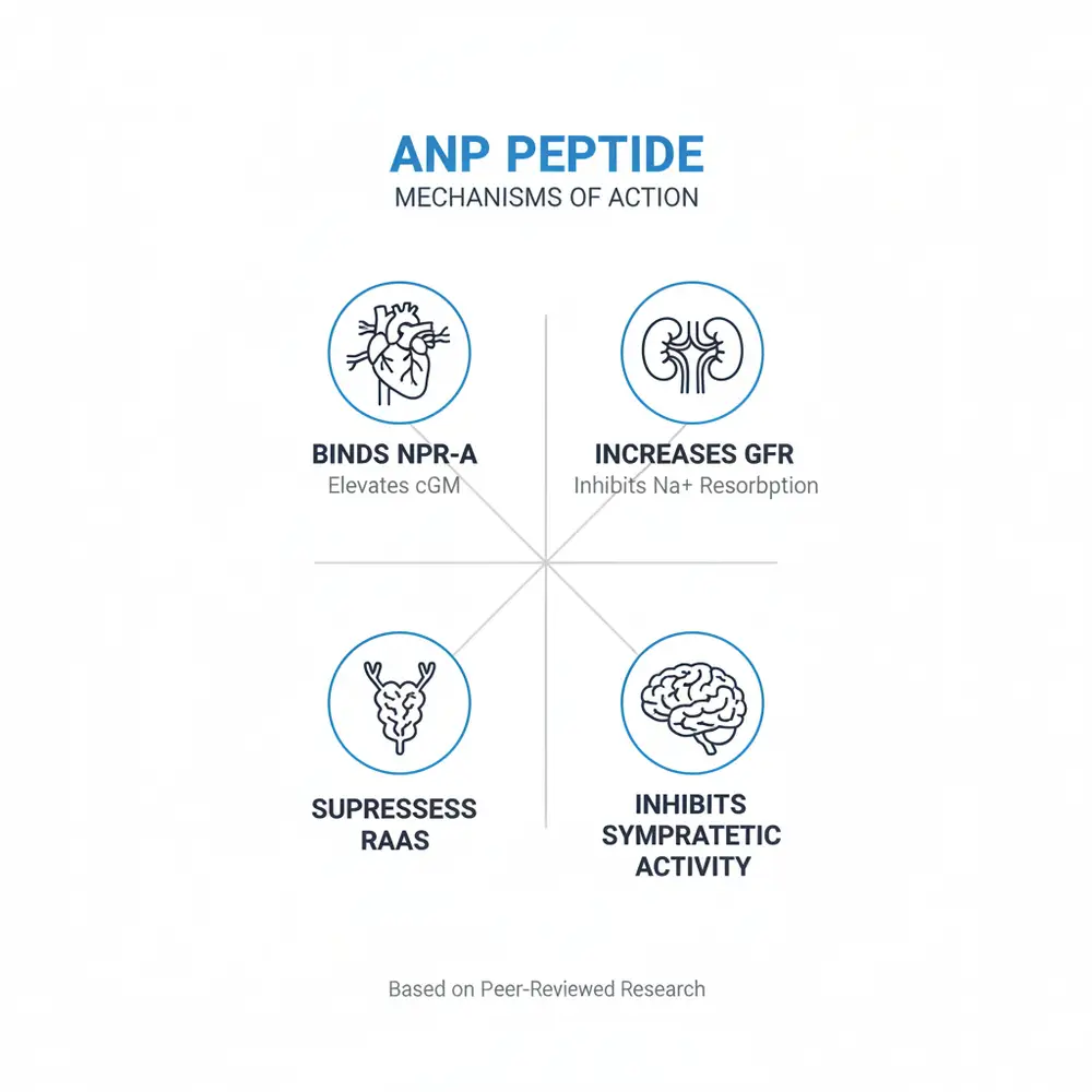 Infographic showing ANP peptide mechanisms of action: binds NPR-A (elevates cGMP), increases GFR and inhibits Na+ reabsorption, suppresses RAAS, and inhibits sympathetic activity.
