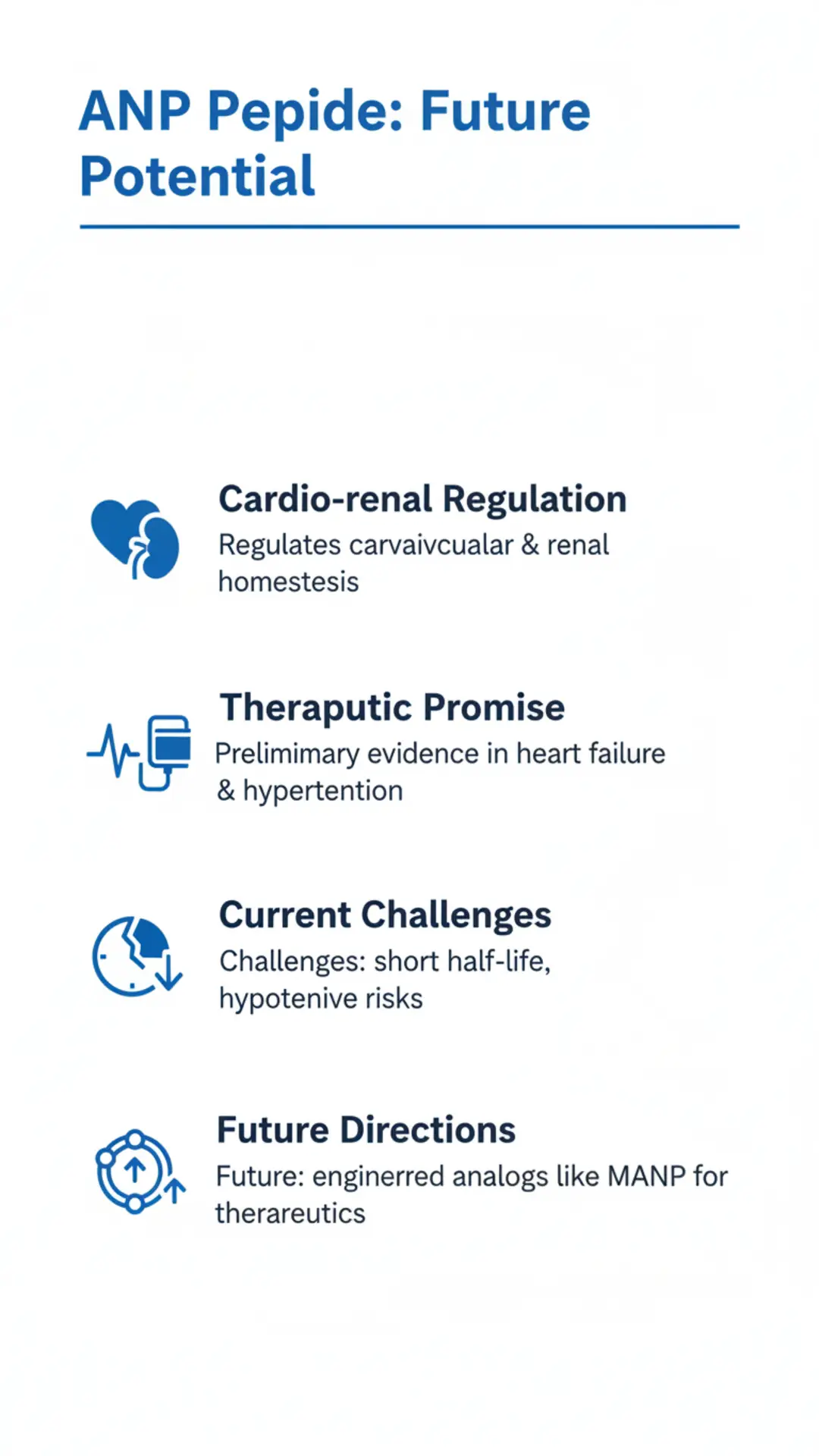 Infographic titled 'ANP Peptide: Future Potential' summarizing ANP cardiorenal regulation, therapeutic promise in heart failure and hypertension, current challenges and future MANP analogs.