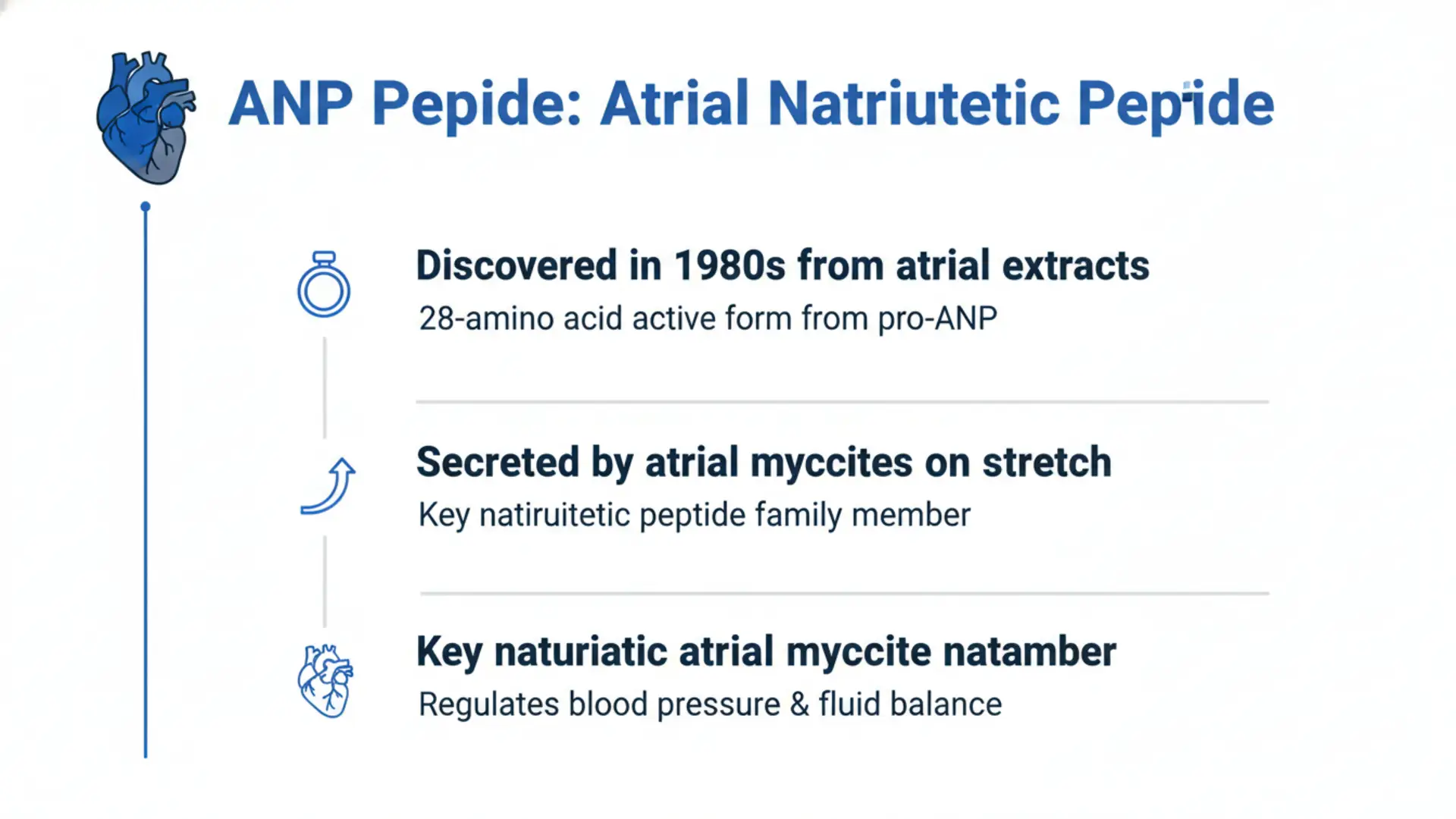 Infographic slide about ANP (atrial natriuretic peptide): discovered in the 1980s as a 28-amino-acid active form from pro-ANP, secreted by atrial myocytes on stretch, and regulating blood pressure and fluid balance.