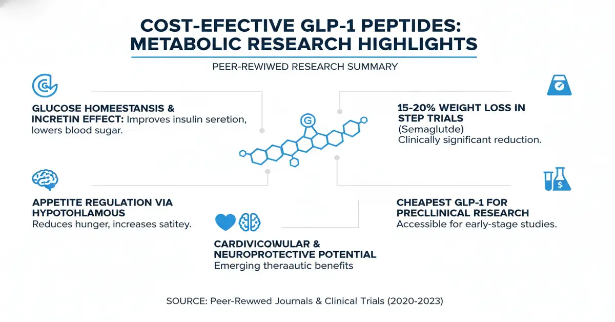 Infographic highlighting cost-effective GLP-1 peptides research summary, including glucose homeostasis, appetite regulation, cardiovascular benefits, weight loss, and preclinical research accessibility.