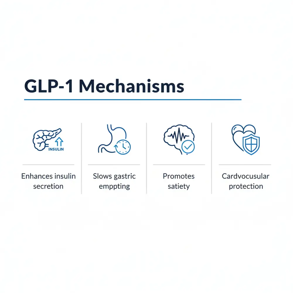 Diagram of GLP-1 Mechanisms including enhancing insulin secretion, slowing gastric emptying, promoting satiety, and providing cardiovascular protection
